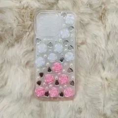 【iPhone16pro】　ハンドメイド　薔薇　バラ　ローズ　ピンク　ホワイト