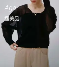 Aga シアー素材 深Vネック 長袖プルオーバー ブラックのサムネイル