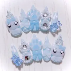 No.490　ネイルチップ 現品 量産型 天使界隈 サブカル 平成女児 猫 水色