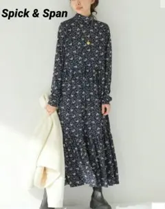 Spick and Span 花柄 ストレッチ ワンピース ネイビー 長袖 F