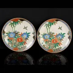 九谷焼　九谷庄三作　色絵　花鳥文　飾皿　一對　M　R5305