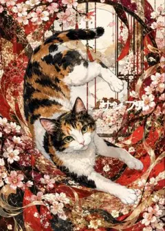 一作限り】桜舞う枝にたたずむ三毛猫 和風幻想アート A028 - メルカリ
