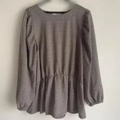 しまむらギンガムペプラムシャツ長袖茶色M