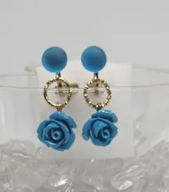人工シーグラス＆人工石　青薔薇　三角クリップイヤリング（ブルー）