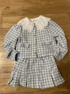 H&M 水色チェックツイード　フリル襟シャツ