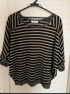 OFUON ボーダー　五分袖 プルオーバー　M ブラック×ゴールド