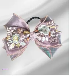 ★インド刺繍リボン　紫色の刺繍入りリボンヘアゴム