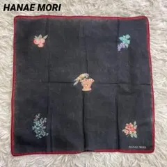 美品　HANAE MORI ハンカチ　シンプル　黒　植物　果物　ミニスカーフ