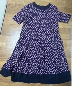 ネイビー ピンク花柄 半袖ワンピース LLサイズ