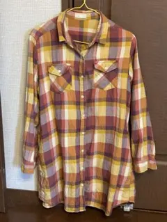 GU オレンジ系　チェック柄　長袖シャツ　XLサイズ