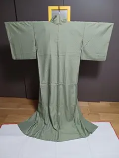 グリーン色無地着物 六角形模様　ポリエステル　化繊