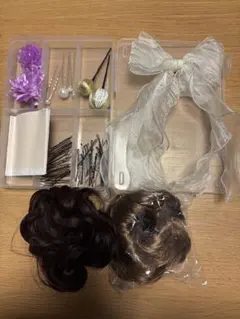 髪飾り フルセット ウィッグ リボン 金箔 パール付 豪華　ケース付き