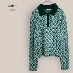 ザラZARA✨美品✨ポロセーター　幾何学模様　ジャカード　長袖　グリーン
