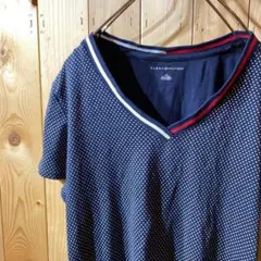 ss3375 TOMMY HILFIGER Vネック Tシャツ 水玉 紺 L/G