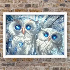 幸福を呼ぶかわいいフクロウ夫婦　額縁付きです 開運グラフィックアート