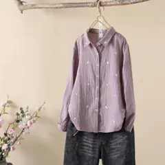 ホコモモラ☆綿100％ ガーゼ 花 刺繍 ブラウス シャツ 洗える 紺 40