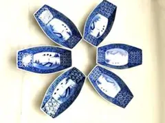 古い染付 舟形刺身皿 6枚揃い 山水花文 骨董 和食器 向付 旧家伝来