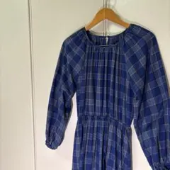 青系チェック柄 長袖シャツワンピース
