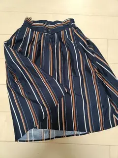 新品訳ありストライプ フレア膝スカート ネイビー オレンジ