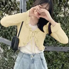 GRL/透かし編みリボンフリルカーディガン レースニット イエロー F