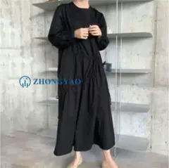 タックデザインスタンドカラーロングワンピース★長袖/シャツワンピース/マキシF