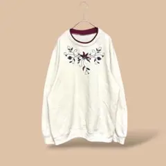 USA製古着花柄刺繍スウェットトレーナーオフホワイト白裏起毛レトロヴィンテージL