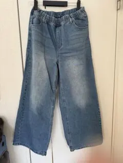 ライトブルー ワイドパンツ フェード加工