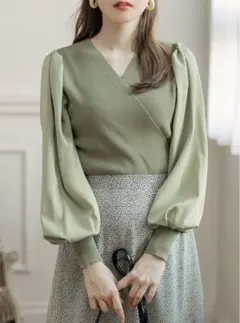 GRL 袖切り替えカシュクールニットトップス [at1366] グリーン