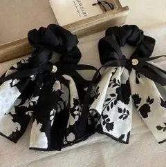 2個セット！ホワイト&ブラック シュシュ 花柄 リボン ヘアアレンジ 大人可愛い