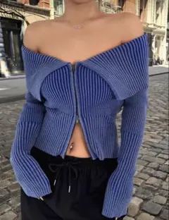 SHEIN オフショルダー ブルー ニットセーター JP-L(S)