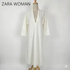 ZARA WOMAN リネン100% Vネック ロングワンピース Lオフホワイト