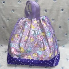 ハンドメイド 巾着トート お着替え袋 ラビット&ベア パープル