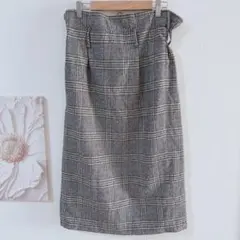GORGE タイトスカート 膝丈　ウエスト総ゴム　グレー/茶系チェック柄　フリー