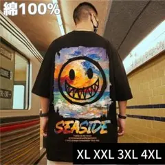 メンズ Tシャツ スマイル ブラック XXL バックプリント ストリート 韓国