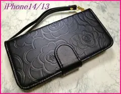 iPhone14/13 用 カメリア バラ 手帳型 ケース ブラック