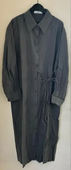 Nugu韓国シャツワンピース ロング長袖 ウエストリボン