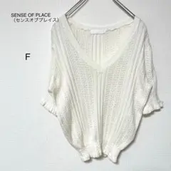 【センスオブプレイス】ホワイト　大きめvネック　サマーセーター　上品　涼しげ　F