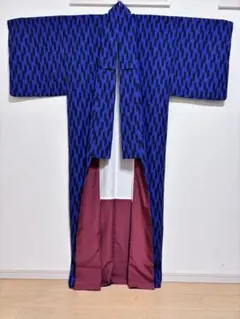 大きいLサイズ 矢羽 小紋 洗える冬の着物 弓道和装 袷 青と黒 新年射会のサムネイル
