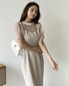 韓国　シアーマーメイドワンピース　ドレス　リボン　パフスリーブ　シアー