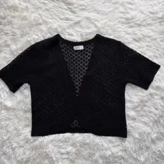【透かし編み】カーディガン　ボレロ　羽織り　半袖　レース　黒