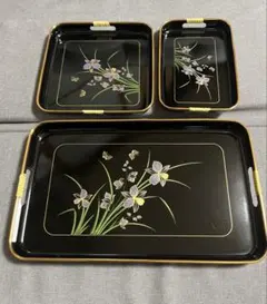 盆 3枚セット 花柄 蝶々 黒塗り トレイ