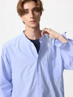 UNIQLO コットンリネンスタンドカラーシャツ Lサイズ ライトブルー