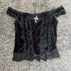 オフショルダー ブラック ベルベット キャミソール