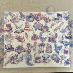 まとめ売り 青紫系 透明 花 蝶々 シール フレークシール ステッカー 50まい