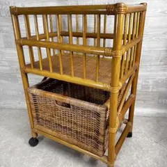 ラタン 収納ラック 3段 引き出し バスケット キャスター付き 籐家具 レトロ