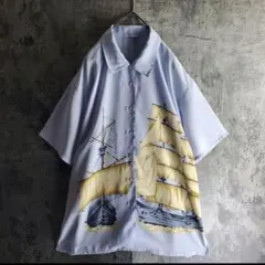 ヴィンテージ レトロ古着 ランドスケープアート柄シャツ 湖畔 水辺 