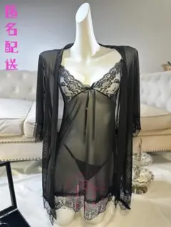 B66ブラック シアー ローブ & ランジェリー セット