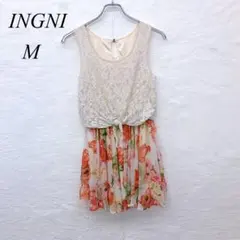 e5412 【イング】レース×花柄 ノースリーブワンピース Mサイズ 大人可愛い