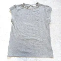 レトロガール グレー パール装飾 リブ編み Tシャツ カットソー 半袖 M