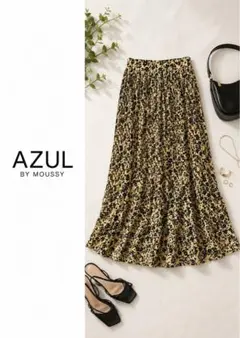 アズールバイマウジー花柄プリーツスカート ロング イエロー ブラック M フレアのサムネイル